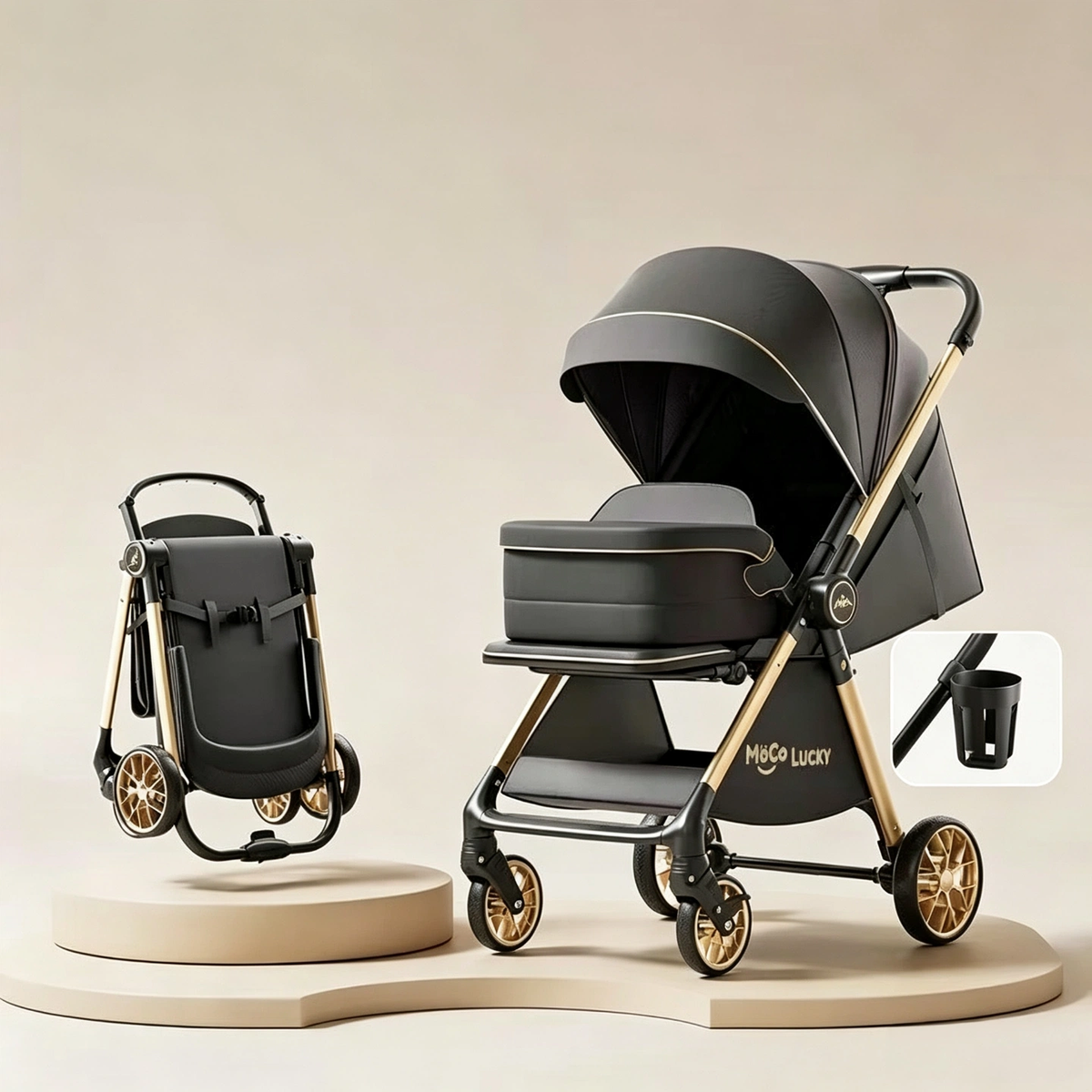 Moco Lucky Baby Stroller, Aviation Aluminum Frame, Reversible Seat, Foldable Lightweight Toddler Pushchair, 4-Wheel Shock Absorption, Sit & Recline for Newborn