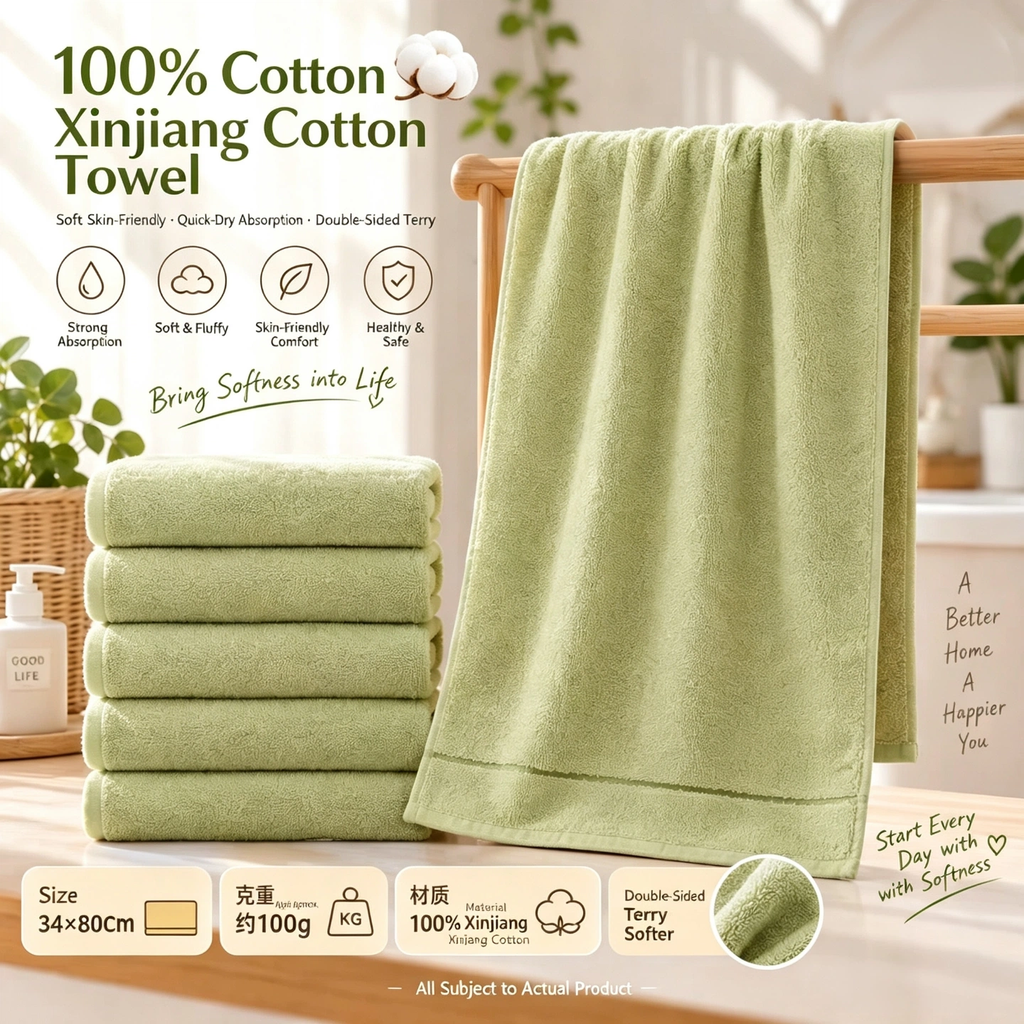 Vosges Double-Sided Terry Cotton Towel, Xinjiang Cotton Water Absorbent Face Towel, Soft Household Bath Hand Towel for Bathroom Dorm Students, Random Color, 34×80cm